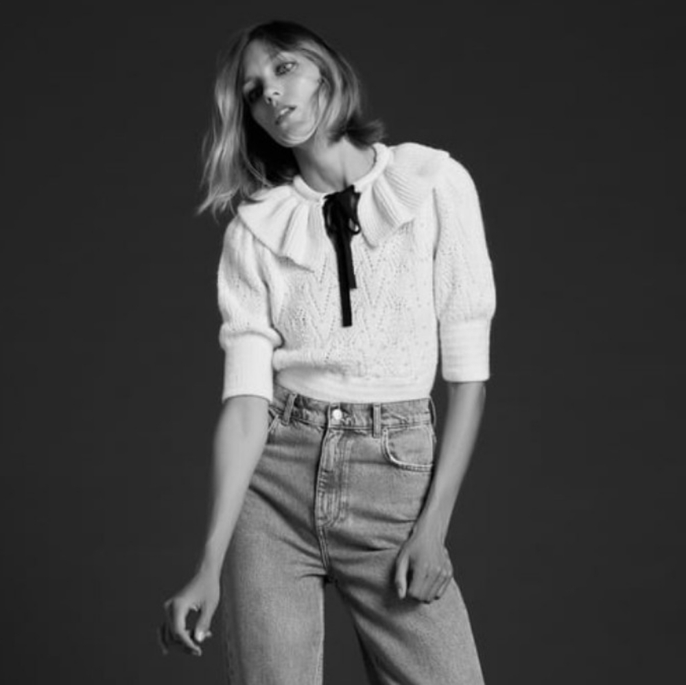 Zara White Knit Crewneck Sweater with Black Ribbon Detail